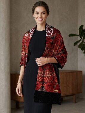 Pineda Covalin Silk and Velvet Scarf Shawl Roses Red Black